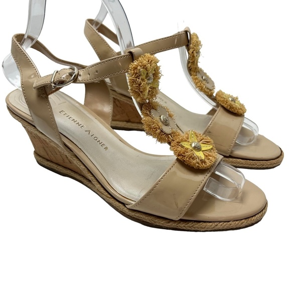 ETIENNE AIGNER Beige Tan Cork Wedges Slingback Sandals Patent Leather Sandals  7 - Picture 1 of 16